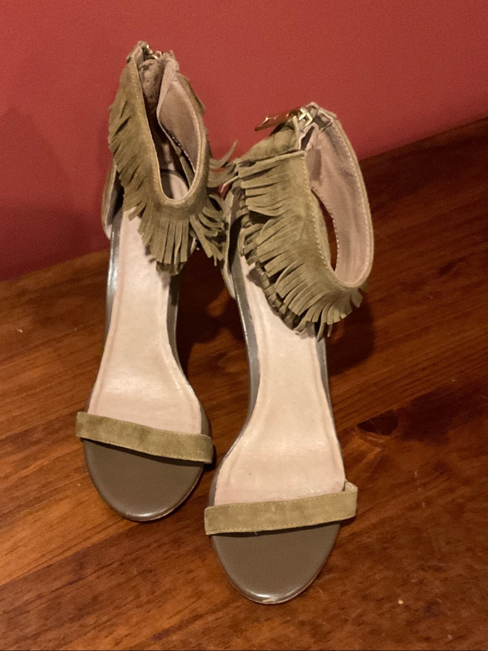 Joie Beige Suede Fringe Ankle-Strap High Heel Sandals